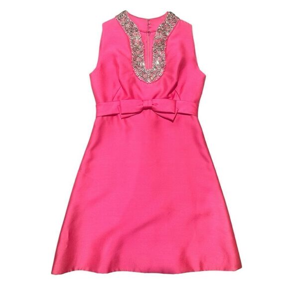 Vintage 1960’s Union Made Crystal Embellished Bright Pink Party Dress - Picture 1 of 14